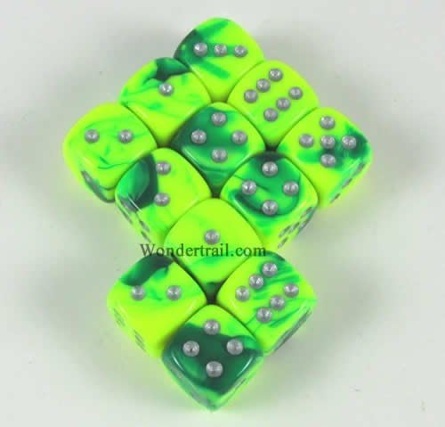 Wondertrail Green Yellow Gemini with Silver Pips 12mm D6 Dice Set of 12 WCX26854E12