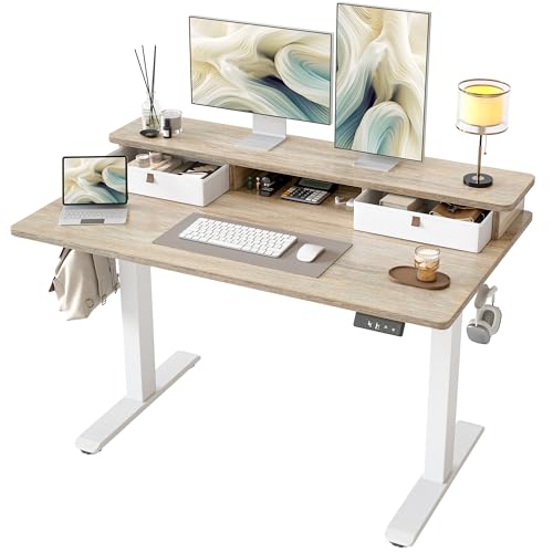 TIQLAB Standing Desk with Two Drawers, Stand Up Standing Desk Adjustable Height, Electric Sit Stand Table with Storage Shelf and Splice Board, 48 * 24 inch, Maple