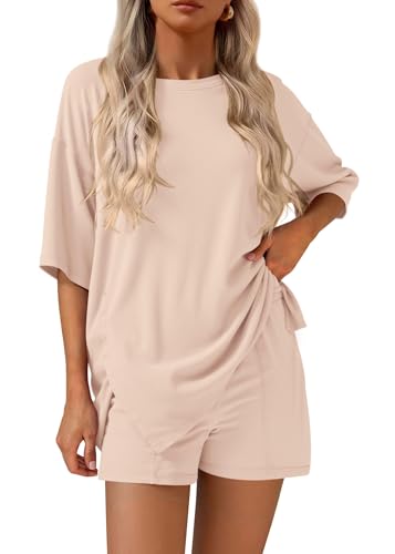 KIRUNDO 2 Piece Sets for Women Summer Lounge Sets Casual Oversized Tshirts Shorts Matching Airport Travel Outfits Postpartum(Beige, Medium)