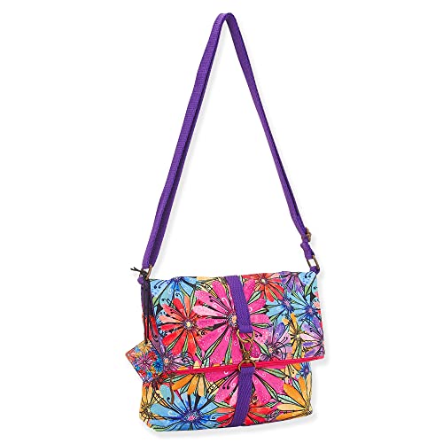 Sun 'N' Sand Laurel Burch Fleur Flapover Flower Crossbody Shoulder Bag Purse - Women Cotton Canvas Floral Handbag Multicolor