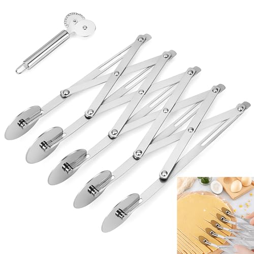 5 Wheel Pastry Cutter, Stainless Steel Pizza Slicer, Expandable Dough Cutter, Multi-Round Pastry Knife, Baking Cutter Roller Cookie Ravioli Cutter Wheel Divider by Amroicus - Used condition - US$13.76