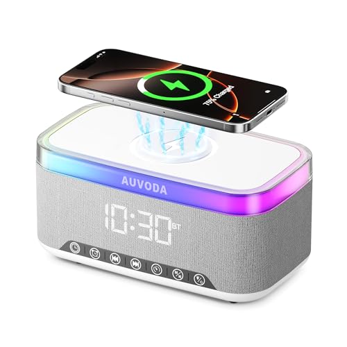 AUVODA S300 Bluetooth Speaker, Portable Speaker with 15W Wireless Charging, 13-Color Night Light, Alarm, White Noise, Radio, 16W Stereo, TWS, BT5.3, Wireless Speaker for Home Office Bedroom, White