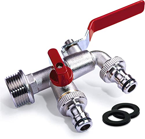 WATERGO Premium Robinet double 1/2 pouce rouge / Robinet double en laiton avec 2x 3/4 pouces de sortie + e-Book/ Robinet extérieur anti-rouille et antigel pour jardin, ménage & industrie