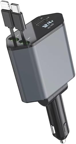 4-In-1 120W Multifunctional Usb Retractable Dual-Line Digital Display Car Fast Charger(8 Pin + Type-C)