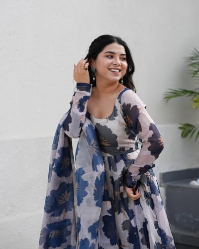 Image of KD Women Pure Georgette Floral Print Anarkali Kurta Pant Set with Dupatta Anarkali Kurti for Women