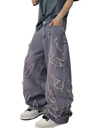 Men's Baggy Jeans Hip-hop Fringe Frayed Edges Jeans Wide Leg Denim Pants