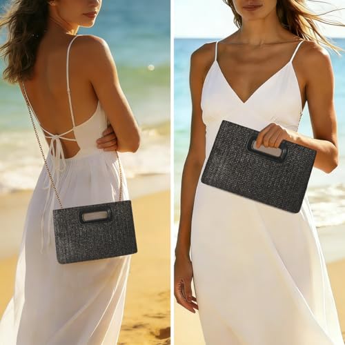 Image of Beach Clutch Bag Straw Summer Clutch Purses for Women Handmade Woven Purse Detachable Gold Chain, Crossbody