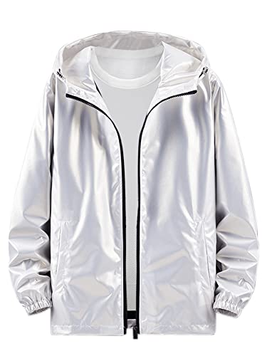 Lars Amadeus Holographic Jacket for Men's Lightweight Long Sleeves Metallic Shiny Hoodie Coat