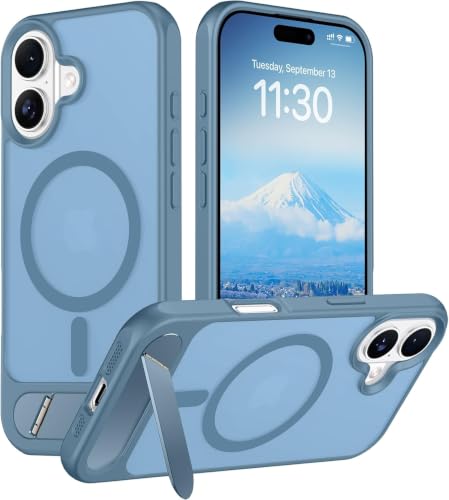 Image of Elzzi Translucent Matte Kickstand Case for iPhone 17, Built-in Adjustable Stand, Translucent Matte Magnetic Mag-Safe Shockproof Phone Cover (Official Blue - Kickstand)