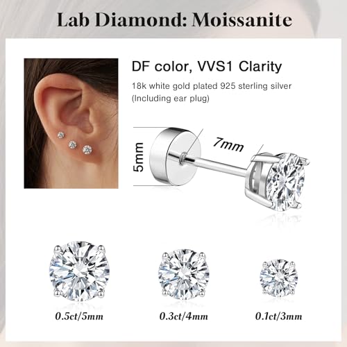 Flat Back Moissanite Stud Earrings: 3 Pairs Imitation Diamond Hypoallergenic Screw on Cartilage Helix Piercing Sensitive Ear Studs Set - 18K White Gold Plated Sterling Silver Earring for Women Men4