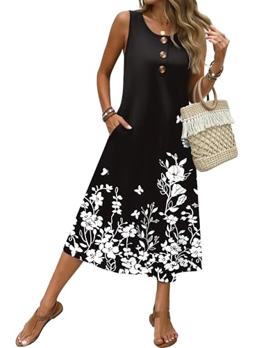 Zeagoo Sundresses for Women 2026 Midi Summer Dresses Casual Sleeveless Print Sundress for Beach Boho Dress Flowers-Black S