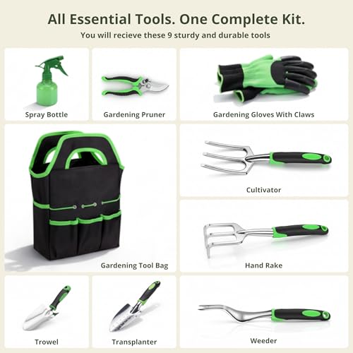Image of Kraft Seeds Premium Gardening Tools Kit for Home Garden - Hand Trowel, Transplanting Trowel, Hand Cultivator Fork, Weeder, Rake, Pruning Shear, Spray Bottle, Carry Bag, Claw Gloves