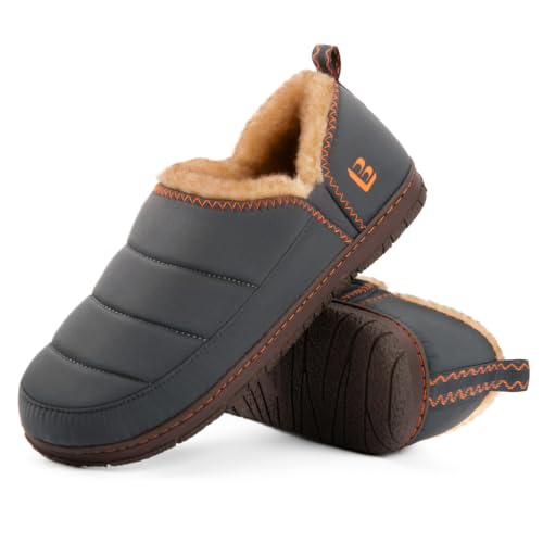 Image of LongBay Men's Outdoor Slippers Two Tone Indoor Bedroom House Shoes Gifts | Nylon Upper, Memory Foam Insole, Coral Fleece Lining, Slip On, Lightweight and Packable, Camping Garden, All-Season Wear