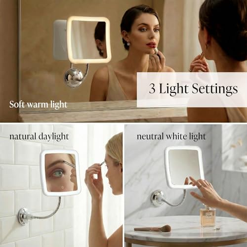 Fancii 10x Flexible Magnifying Mirror with 3 LED Light Settings, Rechargeable - Gooseneck Lighted Makeup Mirror for Bathroom, Locking Suction Mount, Cordless, 360° Rotatable (Mira 2 Plus) - Imagem 7
