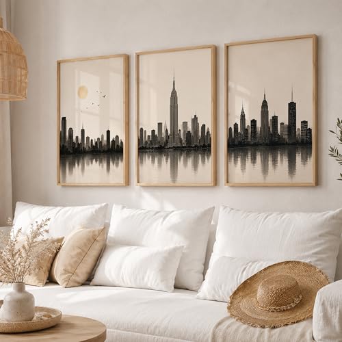 Image of Set of 3 Modern City Skyline Wall Art Paintings for Living Room | Minimalist Urban Cityscape Wall Decor | Neutral Beige Framed Wall Paintings for Bedroom, Office, Hall & Home Decoration (10x13 Inches)