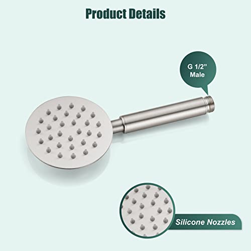 Heyalan Shower Wand Handheld Showerhead Wand Spray High Pressure Flow Brushed Nickel 1 Mode Hand Held Round Sus304 Sprayer Bathroom High Powerful Single Function Shower Head Bracket&Water Hose Include #TOP6