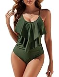 Edelqual One Piece Swimsuit Women Tummy Control Ruffle Full Coverage Swim Bathing Suit Slimming Modest Swimwear Cute Flowy Shapewear Mom Body (Army Green,M)