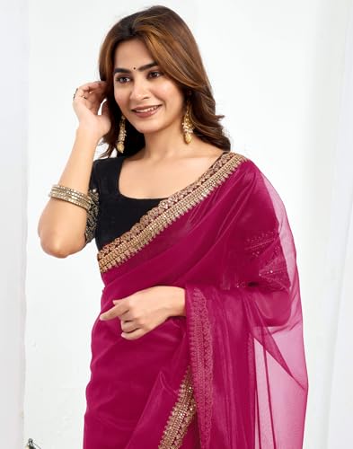 Image of SIRIL Women's Shimmer Net Sequence Embroidery Lace Saree for With Unstitched Blouse Piece