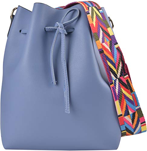 Qzunique Handbag Set Women's Pu Leather Drawstring Bucket Bag Crossbody Shoulder Bags Purses Set With Colorful Strap Blue #TOP1