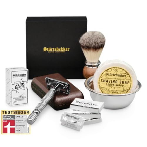 Störtebekker Premium Rasierhobel Set für Herren im handgefertigten Lederetui - Rasierset mit Rasierpinsel Rasierschale Edelstahl Rasierseife Alaunstein und Rasierklingen - Bartpflege Set Männer