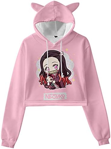 AMOMA Women Girls Anime Cosplay Cute Cat Ear Hoodie Crop Top Pullover(Small,Nezuko Pink)