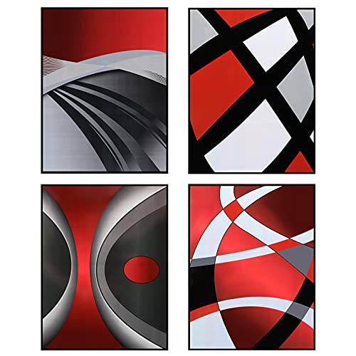 Outus 4 Pcs No Framed Modern Multi Colors Abstract Wall Art Red Silver and Black Minimalist Block Line Abstract Art Prints Paper for Wall Living Dining Room