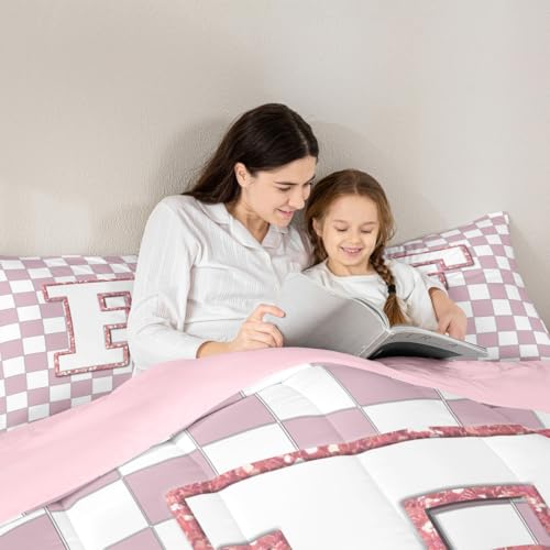 Image of Erosebridal Pink Initial F Bedding Set King Kawaii Plaid Checkered Comforter Set for Kids Girls Teen Women Cute Personalized Monogram Down Comforter,Fashion Grids Gingham Quilt Duvet