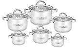 Zilner Topfset - Kochtopf Set 12-teilig - Edelstahl - mit Glasdeckeln - für alle Herdarten inklusive Induktion - Silber