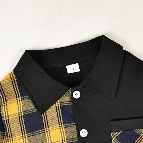 Image of Boy Clothes Fall Winter Outfits Long Sleeve Plaid Patchwork Button Down Shirt + Casual Pocket Sweatpants 5-14 Years