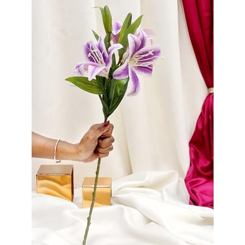 Image of SATYAM KRAFT 1 Pcs with (3 Head) Lily Artificial Flowers Sticks for Home Decor, Bedroom, Living Room, Table, Balcony, Office, Wedding, Pooja, Anniversary Decorations (Purple) (Without Vase Pot)
