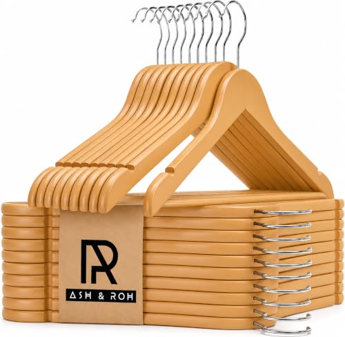 Image of Ash & Roh - Wooden Suit Hangers - Smooth Finish Solid Wood Coat Hanger with Non Slip Pants Bar, 360 Swivel Hook and Precisely Cut Notches Camisole, Jacket, Clothes Hangers (Wooden Hanger, 18)