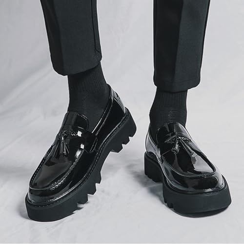 Men's Soft Leather Platform Chunky Heel Slip On Penny Loafers Fashion Tassel Business Casual Formal Work Shoes Non Slip Lug Sole Black Patent Leather Loafers3