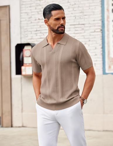 Image of COOFANDY Mens Knit Polo Shirts V Neck Textured Polo Shirts Short Sleeve Breathable Polo Casual Collared T Shirt Fashion Tops