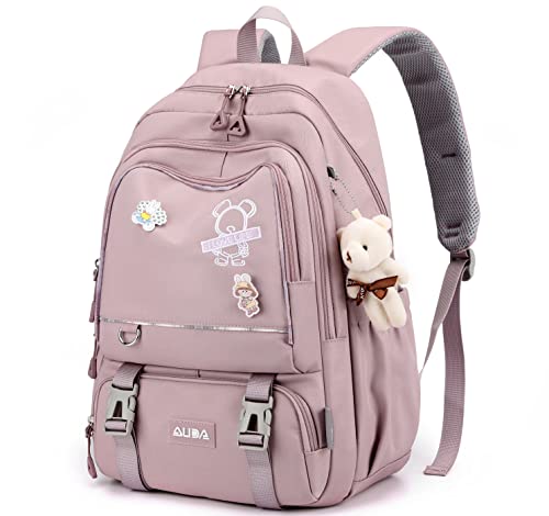 Mochila casual feminina com padrão de urso, mochila de estudante, com pingente de urso, pode conter notebook de 15,6 polegadas CUTBLAJAT-9470 (Roxo)