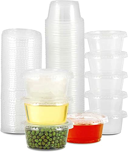 FICUCUSO 200 Sets - 2 oz Jello Shot Cups,Condiment Containers with Leak-Proof Lids, Disposable Plastic Cups with Lids for Sauces, Souffle, Food Samples, Pills and More