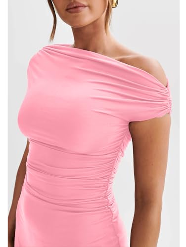 Image of LAGSHIAN Womens Off Shoulder Sleeveless Ruched Flare Mini Dress | Sexy,Summer,Slim Fit,Stretch,Trendy,Double Layer,A-line,Cocktail Party,Club,Night Out,Date,Asymmetrical Shoulder