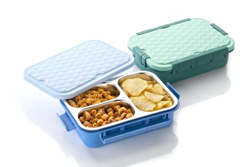 Image of Insulated Stainless Steel Lunch Box with Textured Lid | 3 Compartments | 525ml | BPA Free | Leakproof | Microwave Safe Without Lid | Bento Tiffin Box for Office School Travel (Sky Blue, 3)