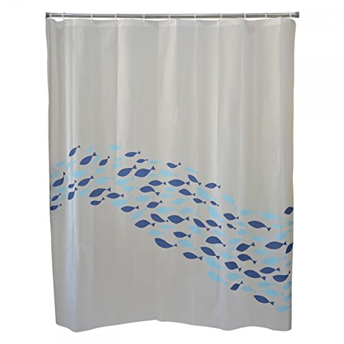Cortina de Baño Original, de Color Blanco con toques Azules, de 180cm X 180cm. Diseño de Peces, con Estilo Marino - Hogar y Más