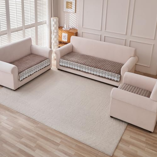 Image of HOKIPO 'BelleLace Series' 6 Seater Sofa Cover Mat in 3 Seater and 2 Seater and 1 Seater Configuration | Imperial Milk Velvet Mat with Anti Slip Backing, Mocha Brown (AR-5966+5964+5962-BRN)