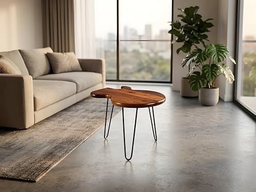 Image of REDWOOD Sheesham Wood Guitar Shape End Table with Iron Hairpin Legs | Modern Metal Accent Side Table for Living Room Bedroom | Unique Coffee Furniture Compact Space Saving Design | Brown