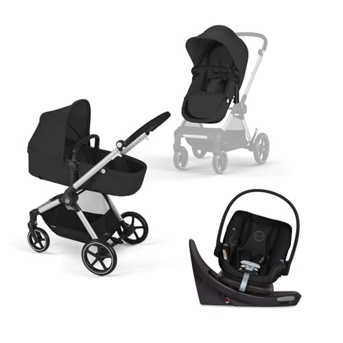 Image of Cybex EOS 5-in-1 Travel System Stroller + Lightweight Aton G Swivel Infant Car Seat, Moon Black, Silver Frame