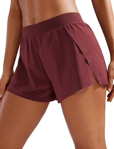 CRZ YOGA Running Shorts for Women High Waisted V Split for Gym Workout Athletic Track with Liner Breathable Quick Dry Red Merlot Medium