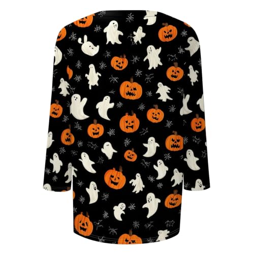 Image of Women Spooky Halloween Graphic Shirt 3 /4 Length Sleeve Crewneck Top | Halloween Funny Printed Pumpkin Plus Size Tshirts 2026 Fall Outfits Skeleton Tee Going Out Tops