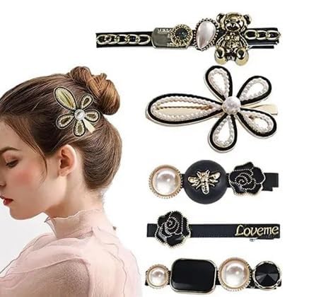 kapimo Korean Style Pearl Rhinestone Fancy Metal Hair Clips Set for Women and Girls Fashion Jewellery and Hair Accessories (Black) 3