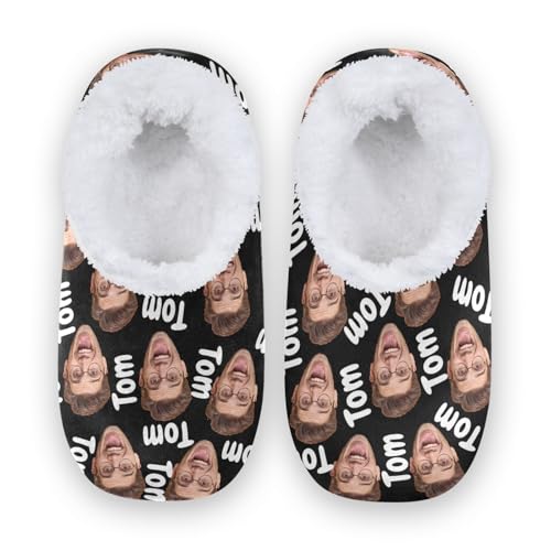 Custom Fuzzy Memory Foam Closed Back Slippers for Women Men Personalized Knit Fleece Lined House Shoes with Face Photos and Text Warm Socks for Hotel Indoor Outdoor Bedroom