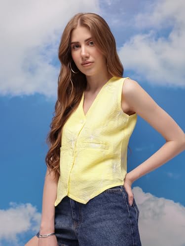 Image of Amazon Brand - INKAST Women Floral Textured Sleeveless Button-Down Vest with Pockets | V-Neck Waistcoat Blouse | Pointed Hem | Tunic Top