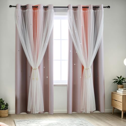 Image of indistar Dreamy Star Cutout Blackout Curtains with White Sheer,Double Layer Curtains for Girls Bedroom, Hollow Out Drapes for Nursery (2 Panel,52Wx84L,Pink Grey)