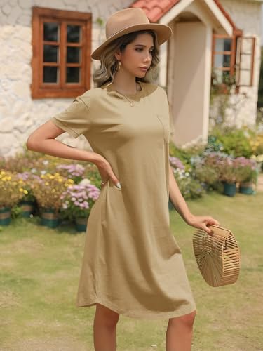 Image of Dyexces Summer Dress for Women Crew Neck Short Sleeve Solid Basic T-Shirts Casual Midi Dresses with Pocket