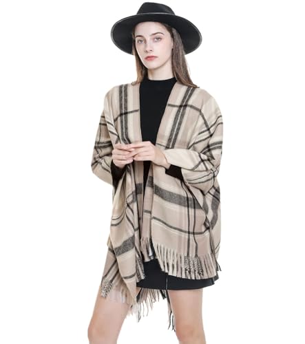 Women's Oversized Warm Shawls Classic Plaid Patterns Wrap Cape with Tassel Shawl for Fall and Winter