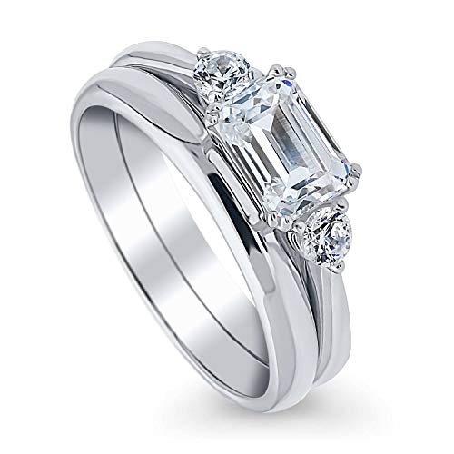 BERRICLE Rhodium Plated Sterling Silver 3-Stone East-West Engagement Wedding Ring Set Made with Swarovski Zirconia Emerald Cut 1.2 CTW Size 9